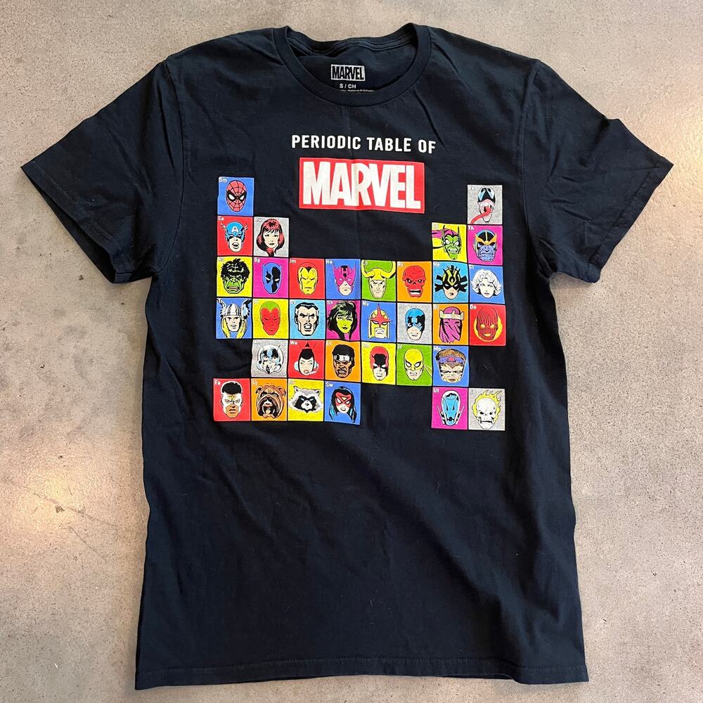 Disney Marvel Periodic Table Super hero chart black cotton tshirt Mens Small